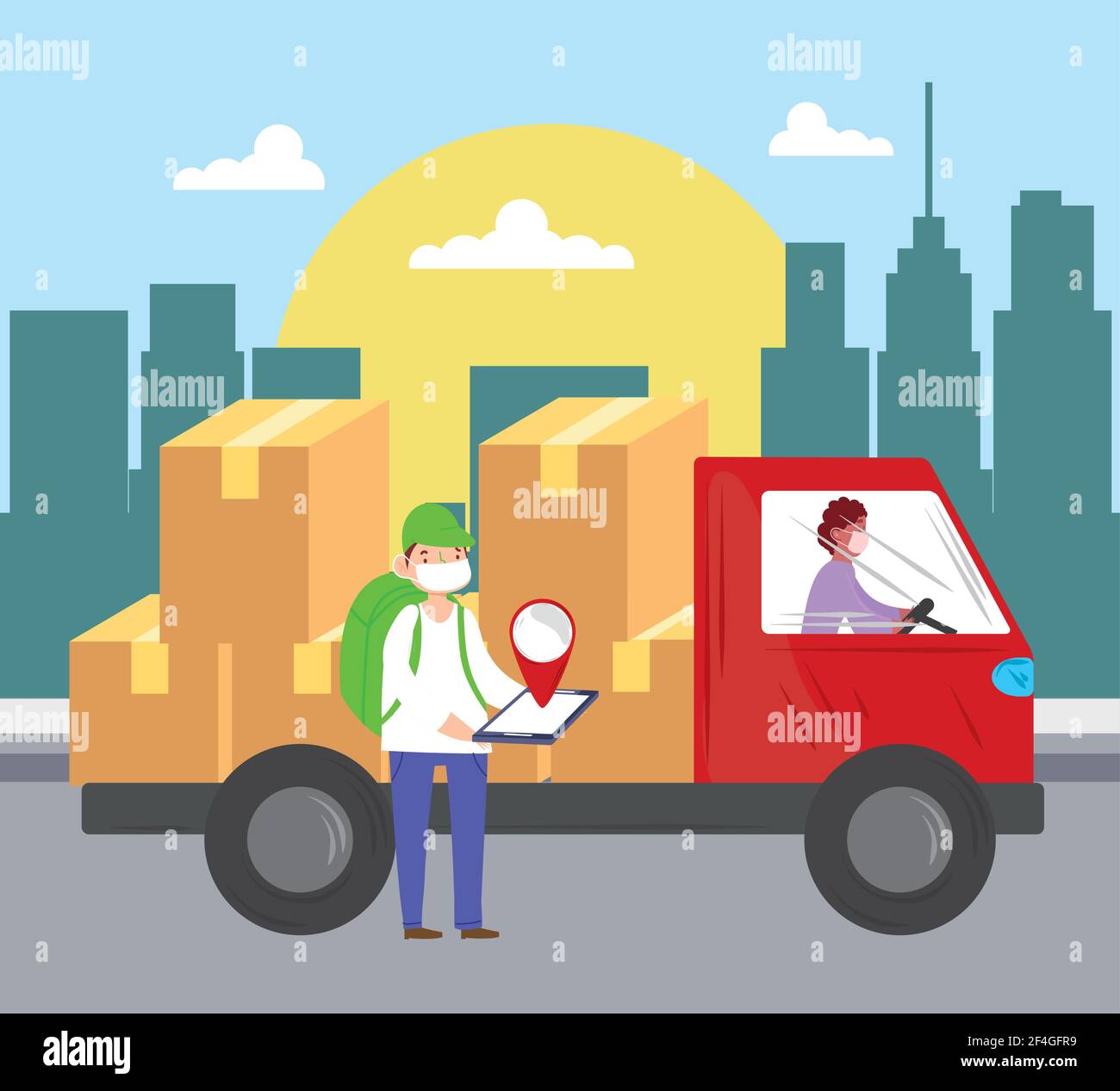 consegna uomini scatole di cartone camion Illustrazione Vettoriale
