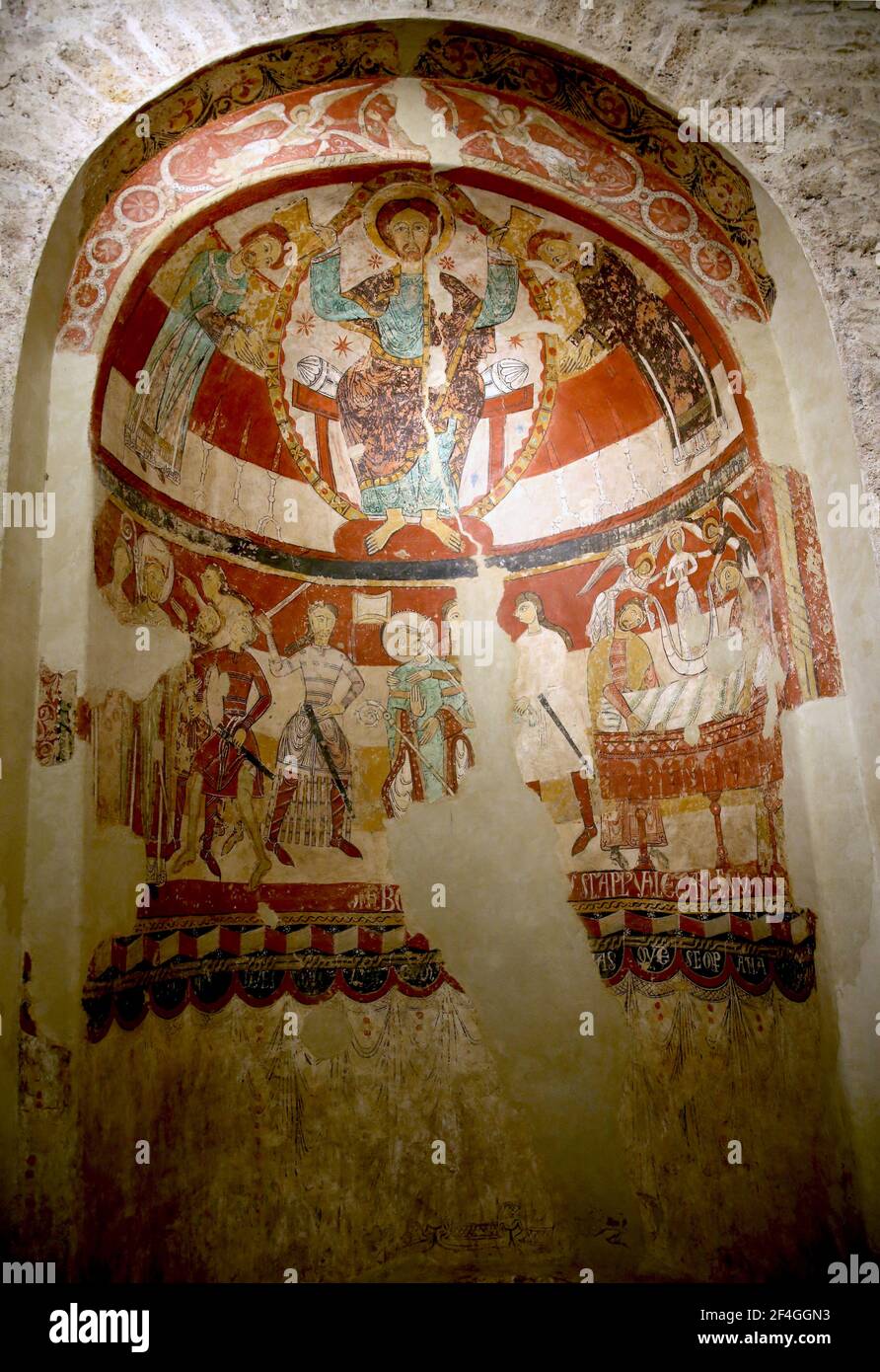 Martirio di Thomas Becket (1170) pittura fresco. Arte romanica, secoli 12 °-13 °. Chiesa di Santa Maria di Terrassa. Catalogna, Spagna. Foto Stock