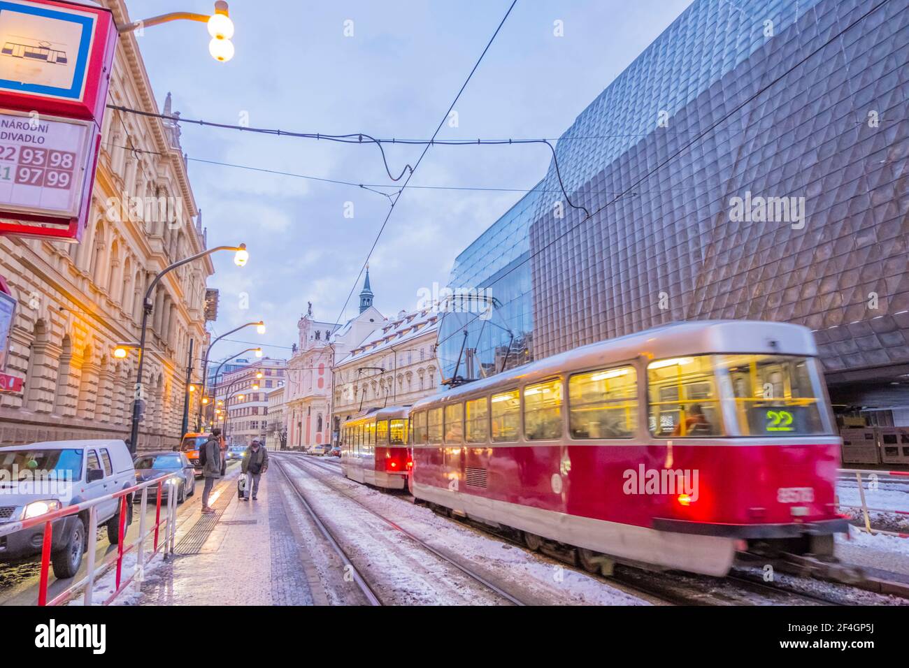 Narodni trida, in inverno con neve, nove mesto, Praga, Repubblica Ceca Foto Stock
