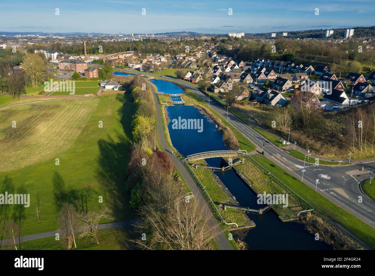 Vista aerea del canale Forth e Clyde a Camelon, Falkirk. Foto Stock