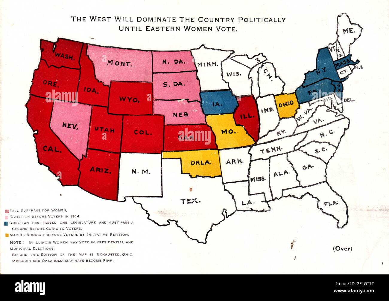 Carta da commercio o inchiostro blotter, con una mappa degli Stati Uniti che mostra l'estensione del suffragio per stato, e l'avvertimento che 'l'Occidente dominerà politicamente il Paese fino al voto delle Donne Orientali', pubblicato dal giornale della Donna, per il mercato americano, 1915. Fotografia di Emilia van Beugen. () Foto Stock