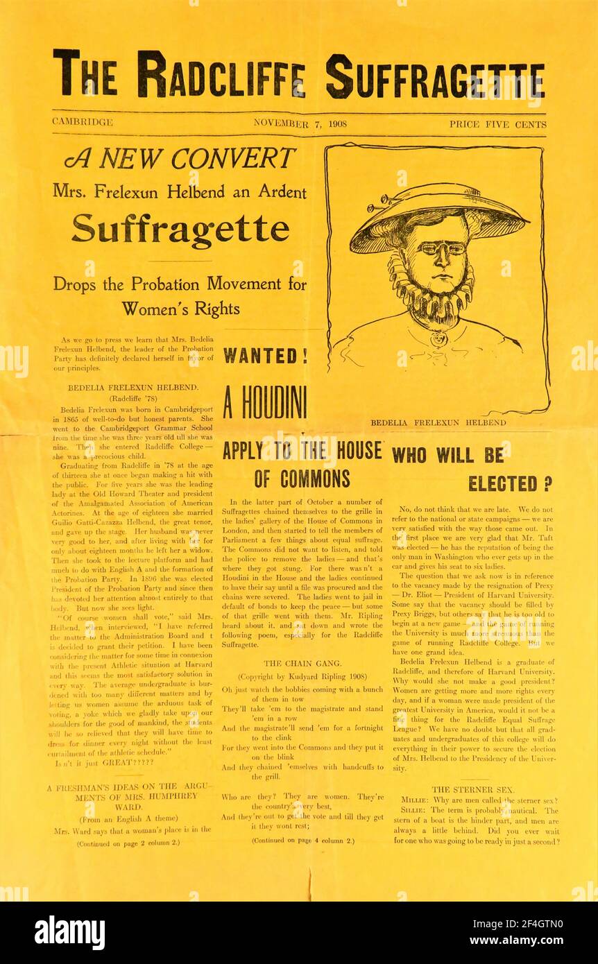 Giornale satirico, che moking il movimento di suffragio e le donne di Radcliffe, pubblicato dagli studenti di Harvard a Cambridge, Massachusetts, per il mercato americano, 7 novembre 1908. Fotografia di Emilia van Beugen. () Foto Stock