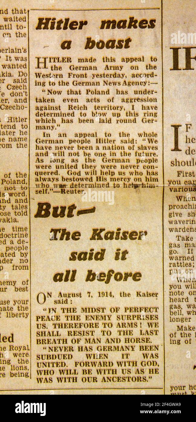 'Hitler fa una barca' su Hitler che invade la Polonia nel Daily Express (replica), 4 settembre 1939, il giorno dopo la seconda guerra mondiale è stato dichiarato. Foto Stock