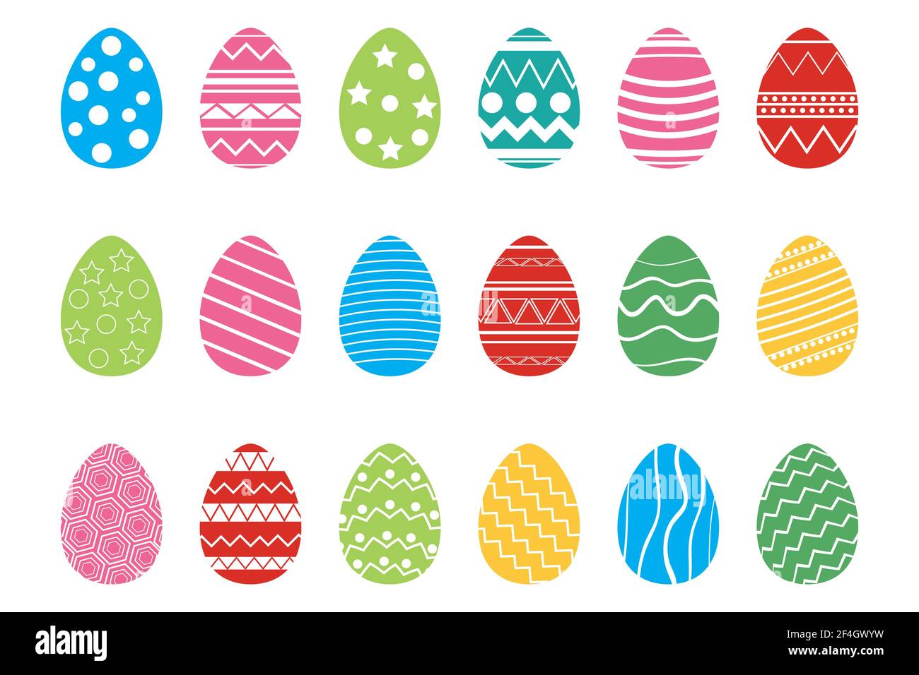 Set di uova colorate di Pasqua con bellissimi motivi isolati su sfondo bianco. Illustrazione vettoriale del design a stile piatto Illustrazione Vettoriale