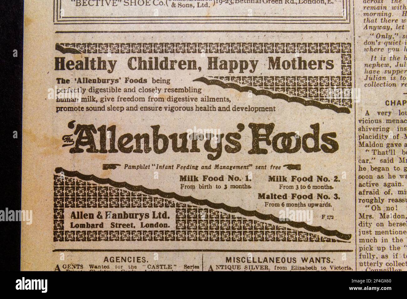 Pubblicità per Allenburys' Foods (Allen & Hanburys Ltd.) nel quotidiano Daily News & Reader il 5 agosto 1914. Foto Stock