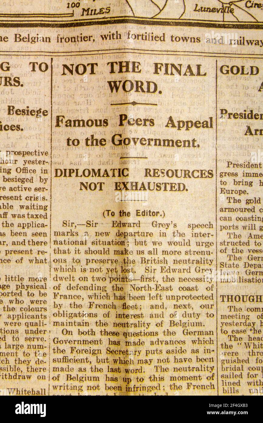 "Not the Final Word", titolo su Letter to the Editor che suggerisce la neutralità britannica nel quotidiano Daily News & Reader il 5 agosto 1914. Foto Stock