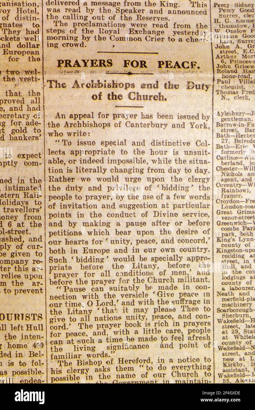 L'articolo 'preghiere per la pace' sugli Arcivescovi che chiedono alle persone di pregare per la pace, il quotidiano Daily News & Reader il 5 agosto 1914. Foto Stock
