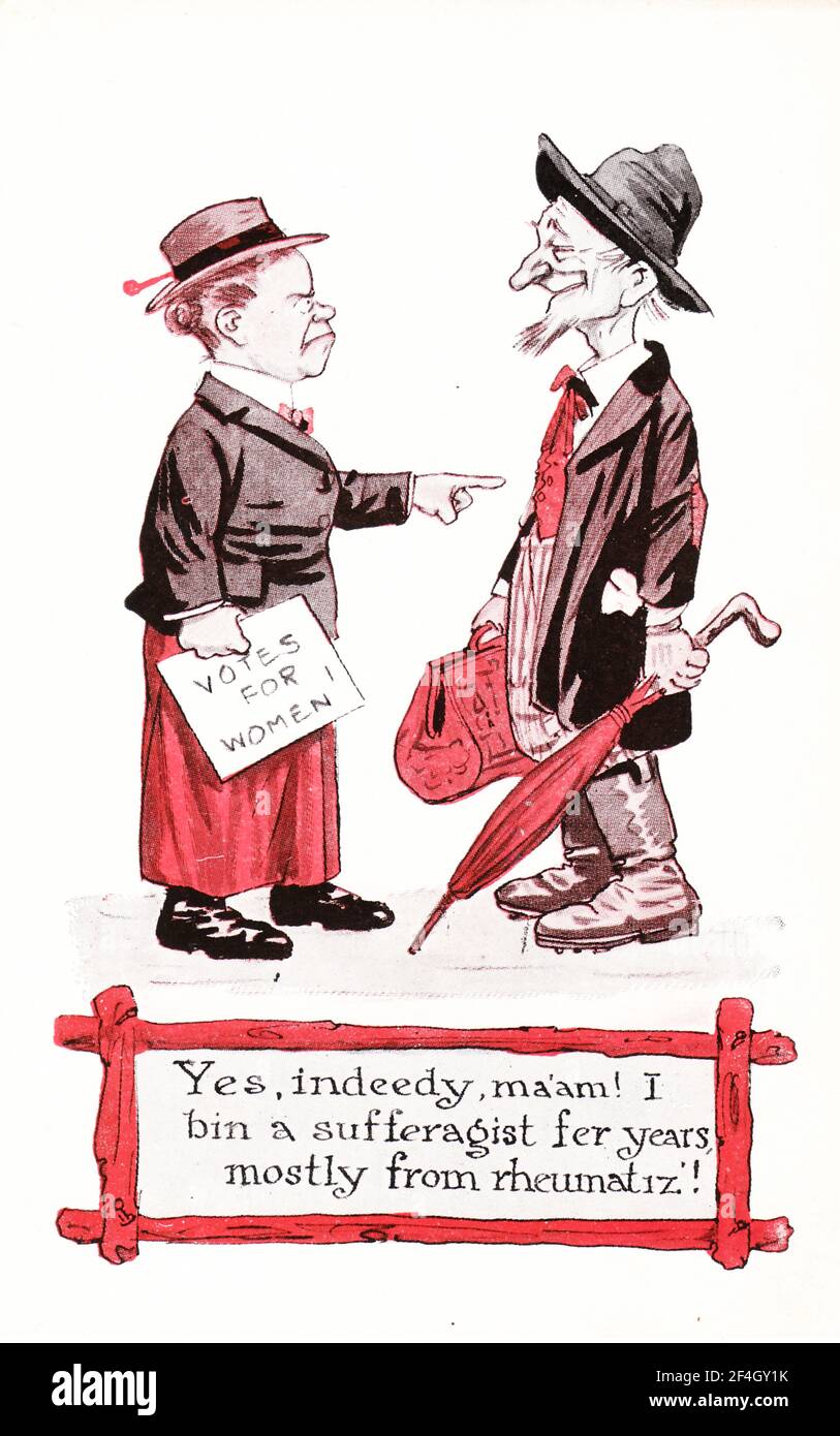 Cartolina dell'epoca del suffragio che raffigura un uomo ingenuo del paese che dice a un suffragista militante 'Sì, indefato, ma'am! Ho bin un sufferagista anni di fer, soprattutto da reumatiz!' Stampato negli Stati Uniti, 1900. Fotografia di Emilia van Beugen. () Foto Stock