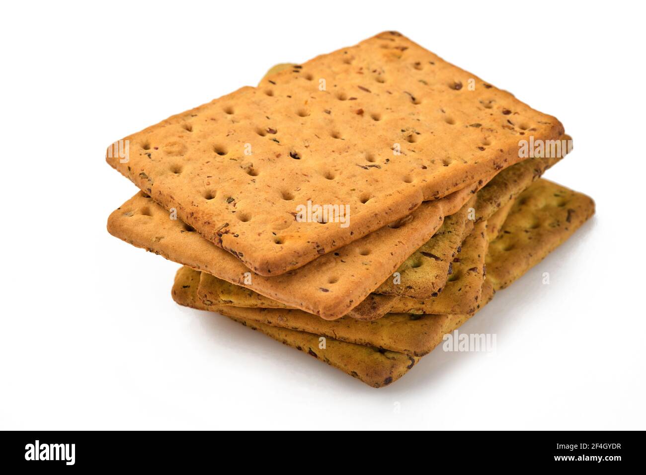 Cracker con semi di lino e crusca di avena forma rettangolare per una dieta sana, dietetica ed equilibrata isolata su sfondo bianco. Snack per una corretta alimentazione Foto Stock