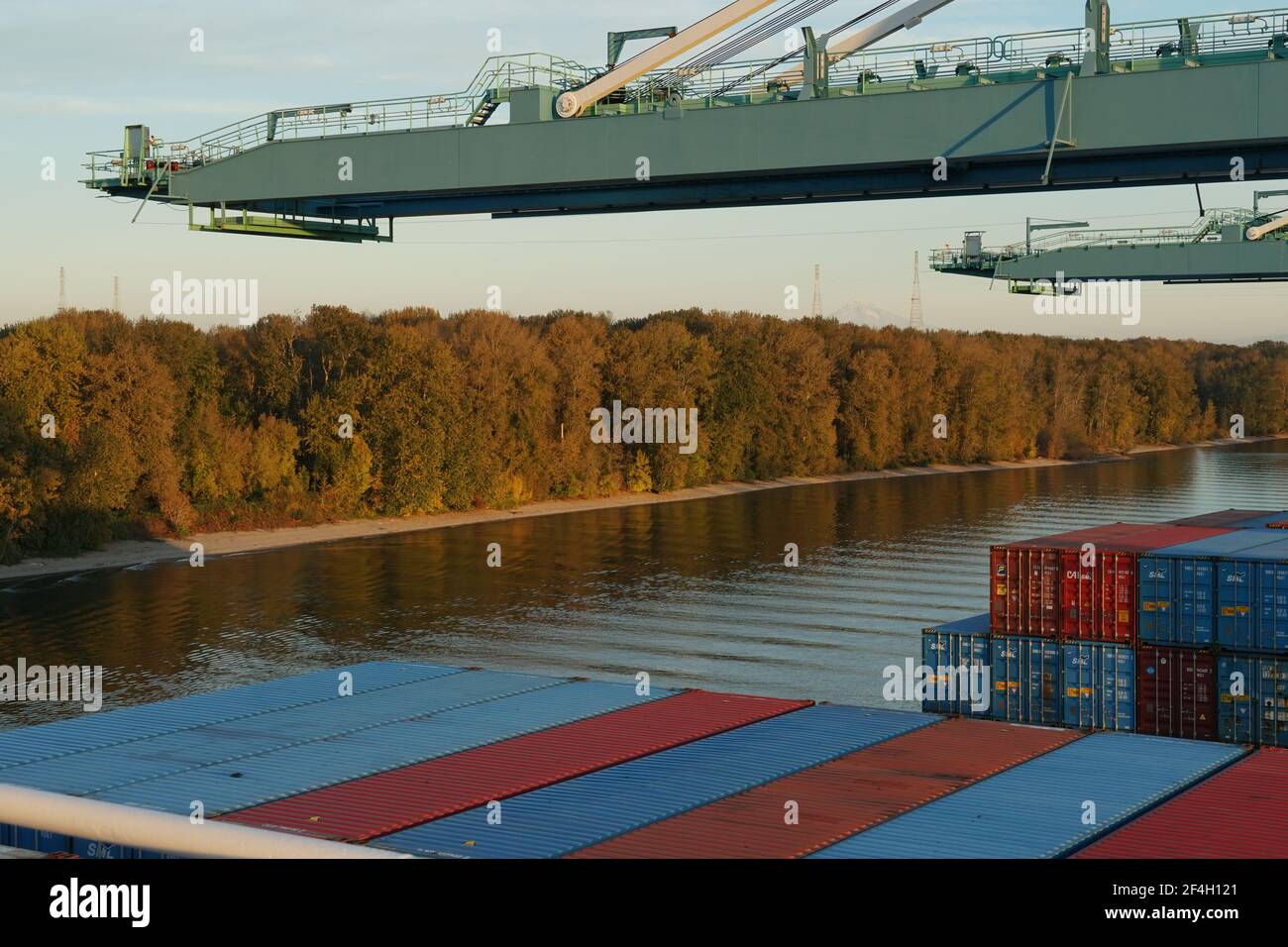 Gru a portale pronte per il funzionamento del carico nel terminal dei container sul fiume Columbia circondato da alberi e cespugli. Foto Stock