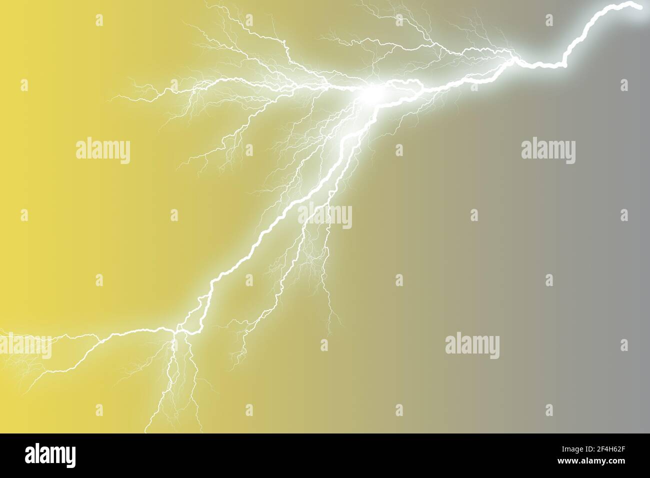 Concettuale dell'energia. Il fulmine sullo sfondo giallo diventa grigio. Icona Thunder Foto Stock