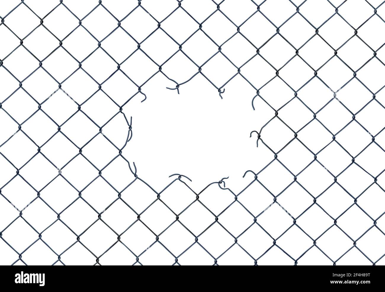 Immagine di framing di un foro in una fence di collegamento a catena attivata Uno sfondo bianco Foto Stock
