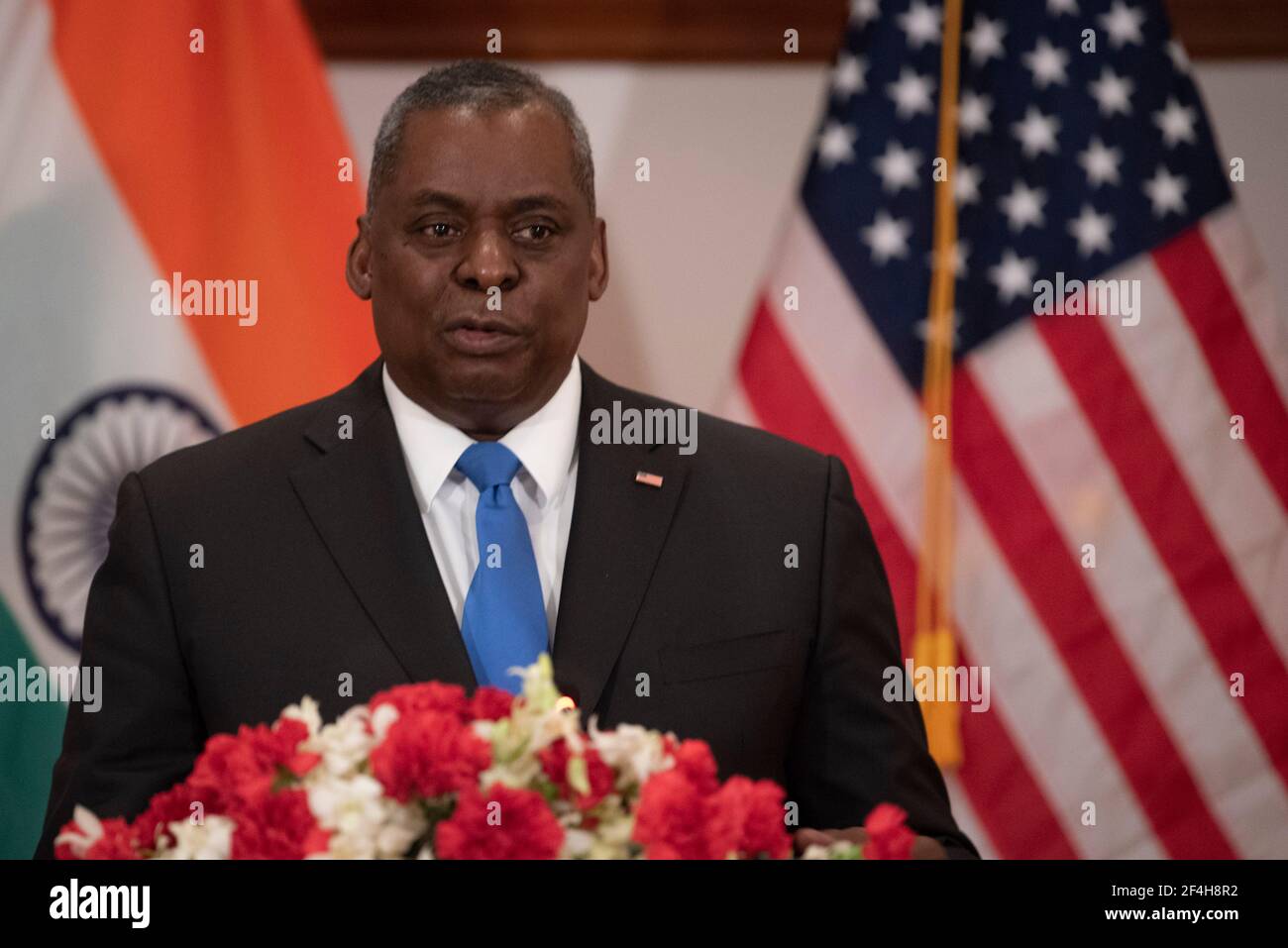 Nuova Delhi, India. 20 Marzo 2021. Il Segretario della Difesa degli Stati Uniti Lloyd J. Austin III durante una conferenza stampa il 20 marzo 2021 a Nuova Delhi, India. Credit: Planetpix/Alamy Live News Foto Stock