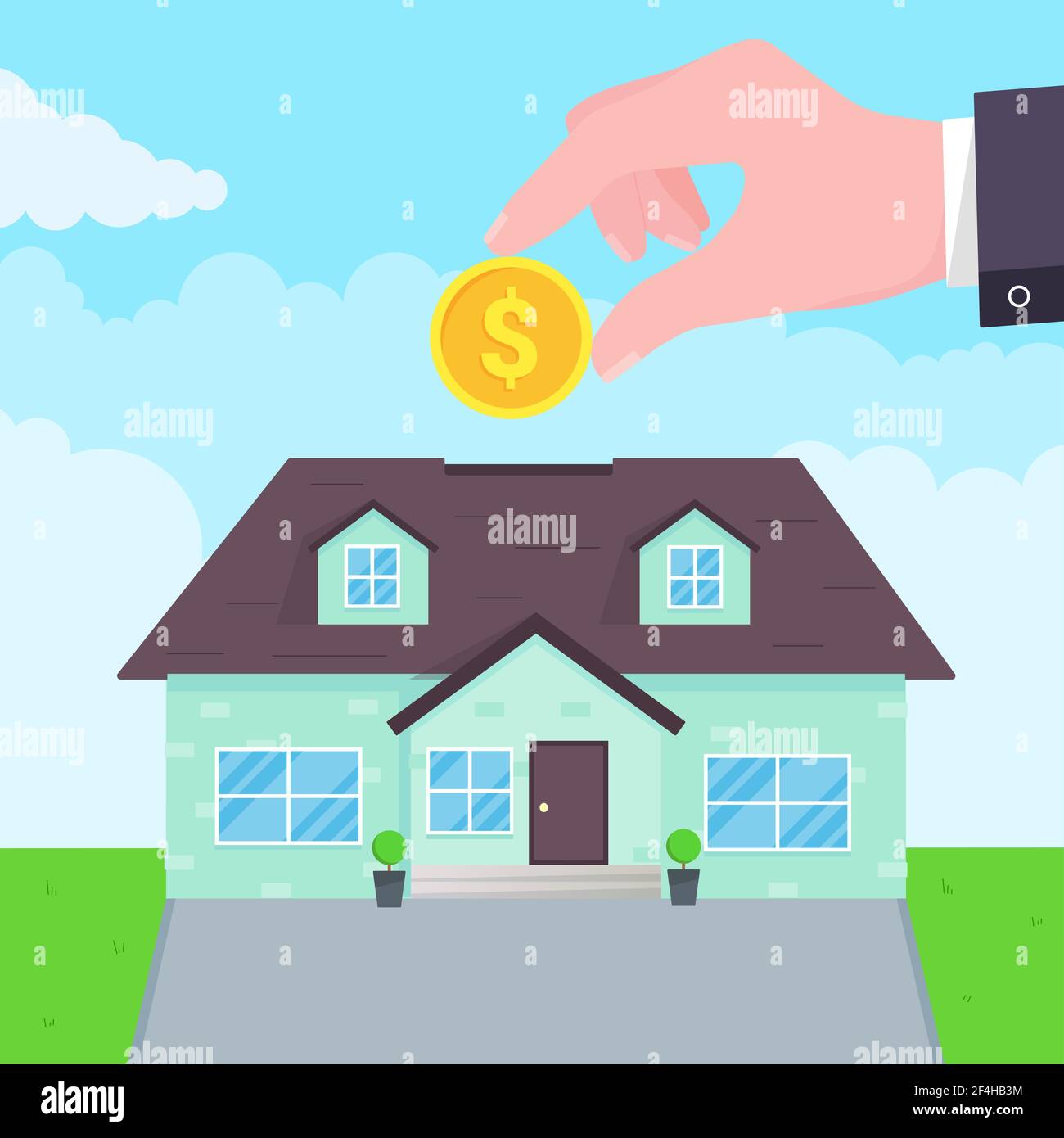 Mano mette moneta nella casa stile piatto disegno vettoriale illustrazione. Piggy banca acquisto casa concetto. Casa banca sicuro, investimento o prestito, immobiliare s Illustrazione Vettoriale