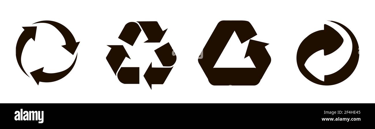 Set di cartelli di riciclaggio neri, icone a freccia isolate su bianco. Riciclaggio dei simboli ambientali. Simbolo di riciclaggio. Illustrazione vettoriale. Illustrazione Vettoriale
