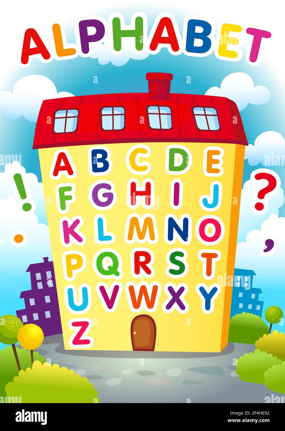 Alfabeto casa educativa. Inglese ABC poster in una forma della casa. Bentornato a scuola, imparando le lettere dal banner vettoriale A alla Z. Gioco o ca Illustrazione Vettoriale
