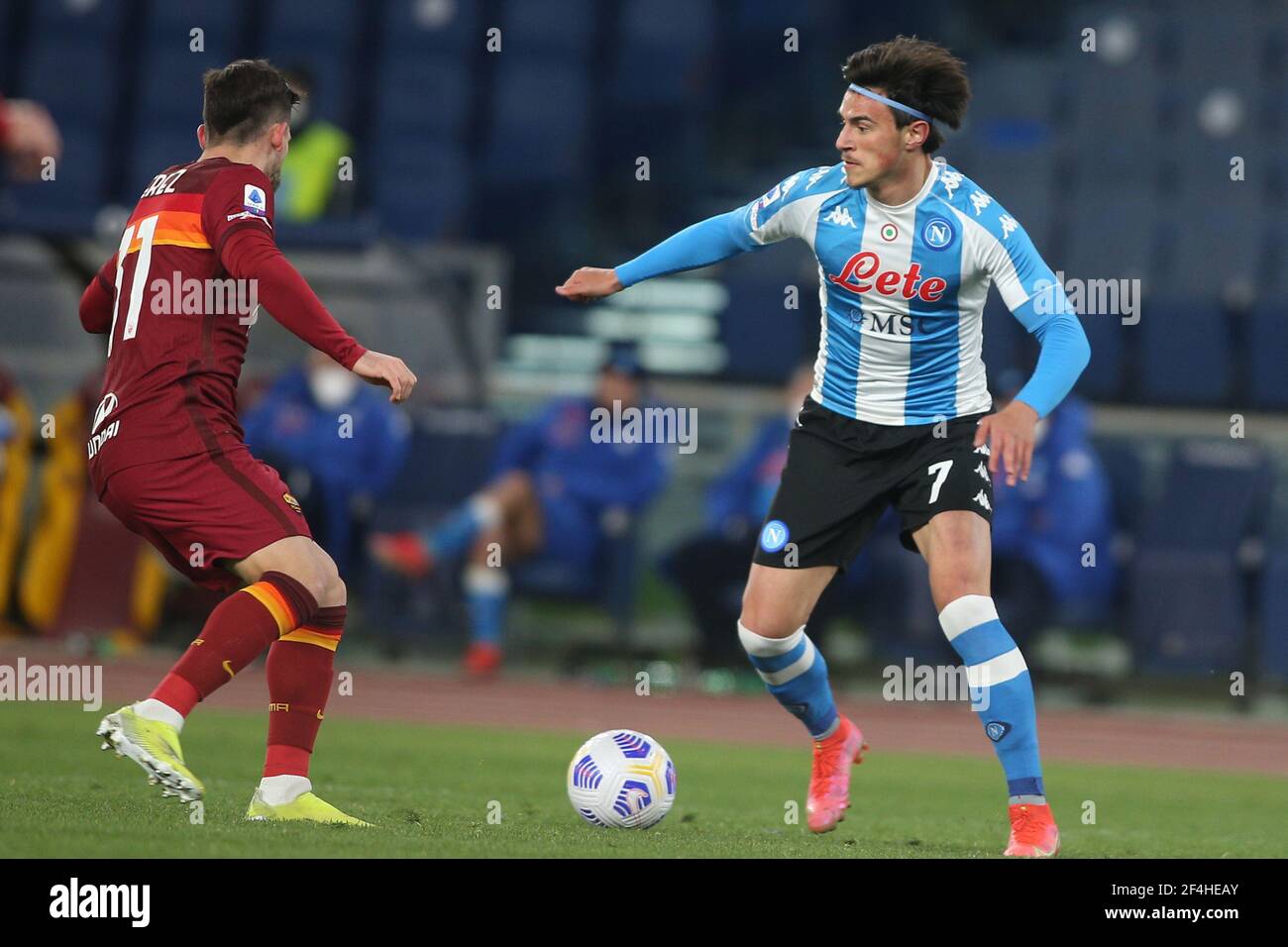 Roma, Italia. 21 Mar 2021. ROMA, Italia - 21.03.2021: Elmas (napoli) in azione durante la Serie Italiana UNA partita di calcio del campionato 2021 tra ROMA e NAPOLI allo stadio Olimpico di Roma. Credit: Agenzia fotografica indipendente/Alamy Live News Foto Stock