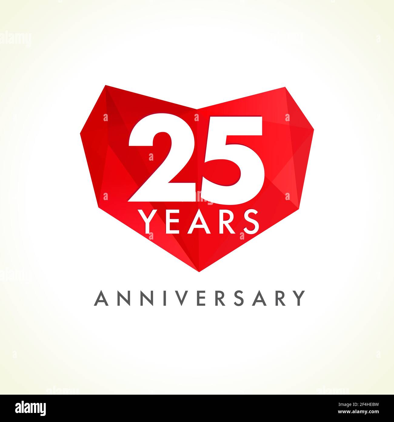 Anniversario 25 anni festeggiando logotipo con cuori. Lussuosi festeggiamenti con i saluti di congratulazioni, modello di numeri in vetro colorato. San Valentino Illustrazione Vettoriale
