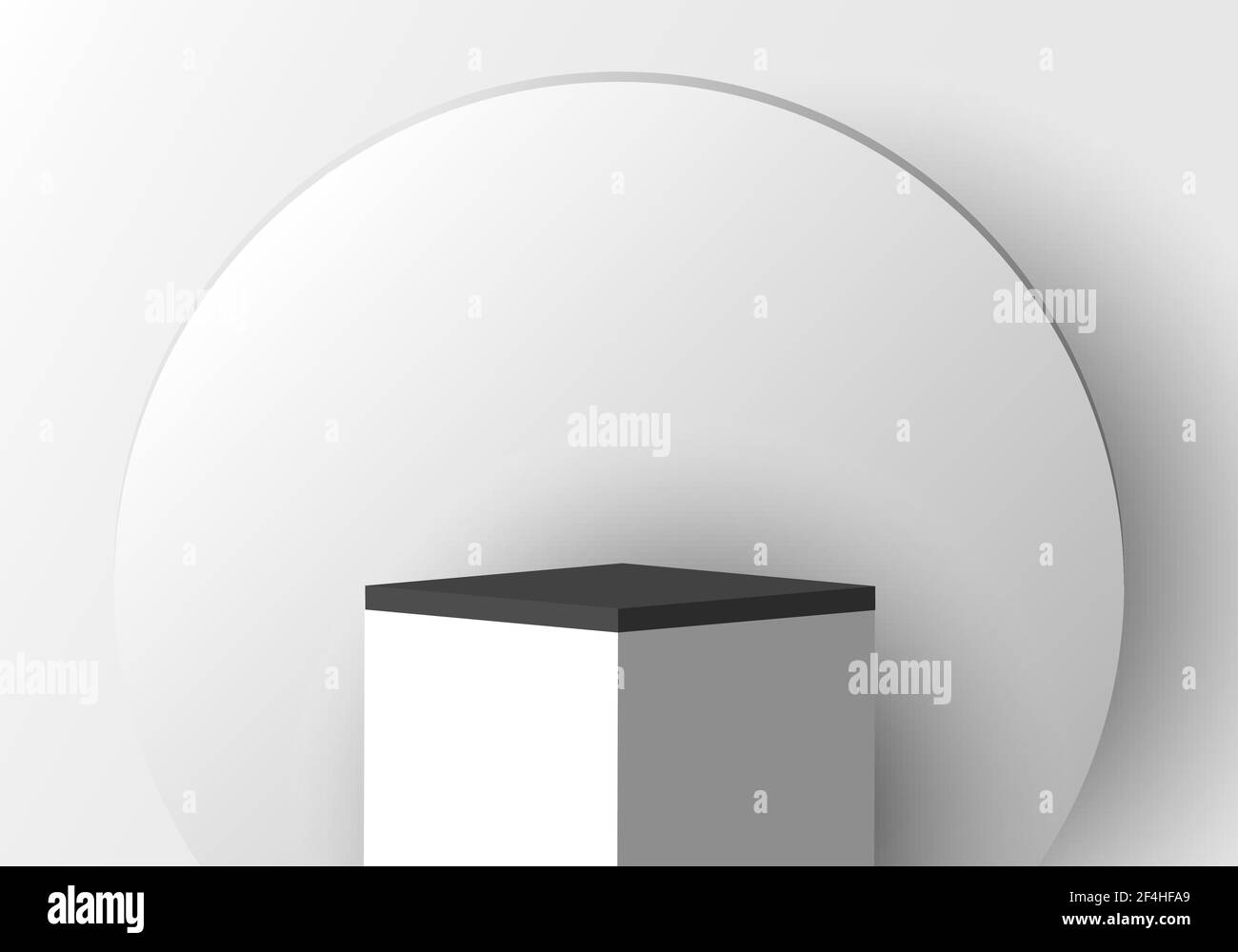 Piedistallo bianco realistico 3D con bordo nero e sfondo circolare per l'esposizione dei prodotti. Podio quadrato o piattaforma in studio con illuminazione su sfondo grigio Illustrazione Vettoriale