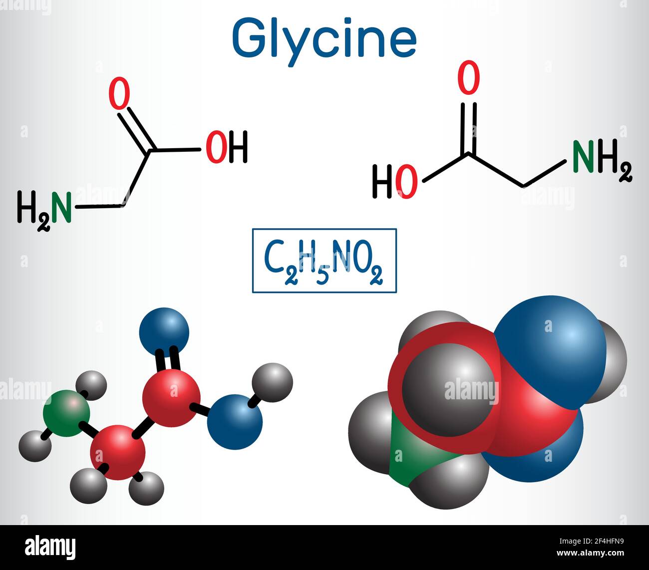 La glicina (Gly o G), è l'amminoacido. Formula chimica strutturale e modello molecolare. Illustrazione vettoriale Illustrazione Vettoriale