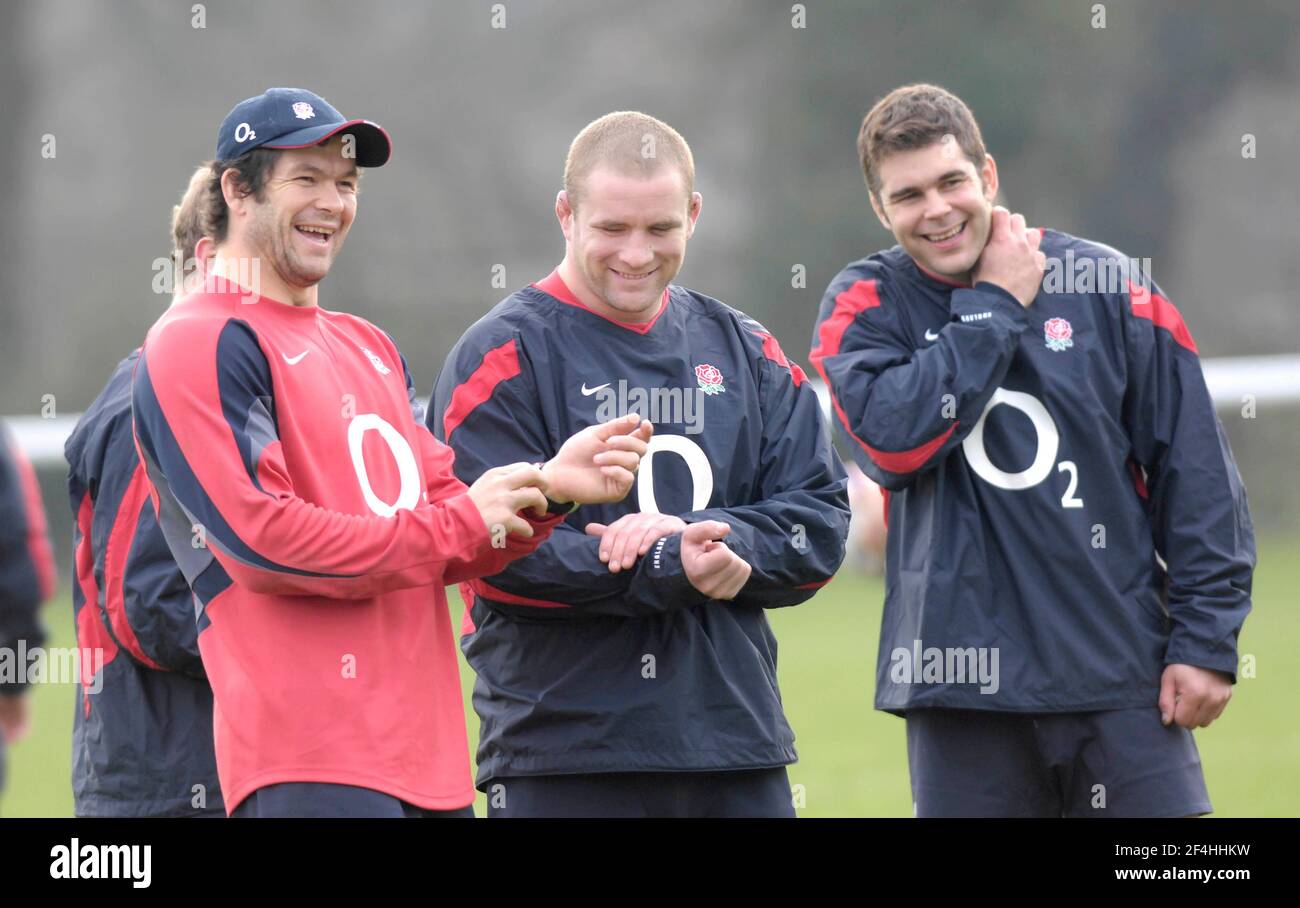 INGHILTERRA RUGBY SQUADRA FORMAZIONE A BATH UNI. ANDY FARRELL CAPTIAN PHIL VICKERY E NUOVO RAGAZZO NICK PASQUA 6/2/2007 FOTO DAVID ASHDOWNRUGBY INGHILTERRA Foto Stock