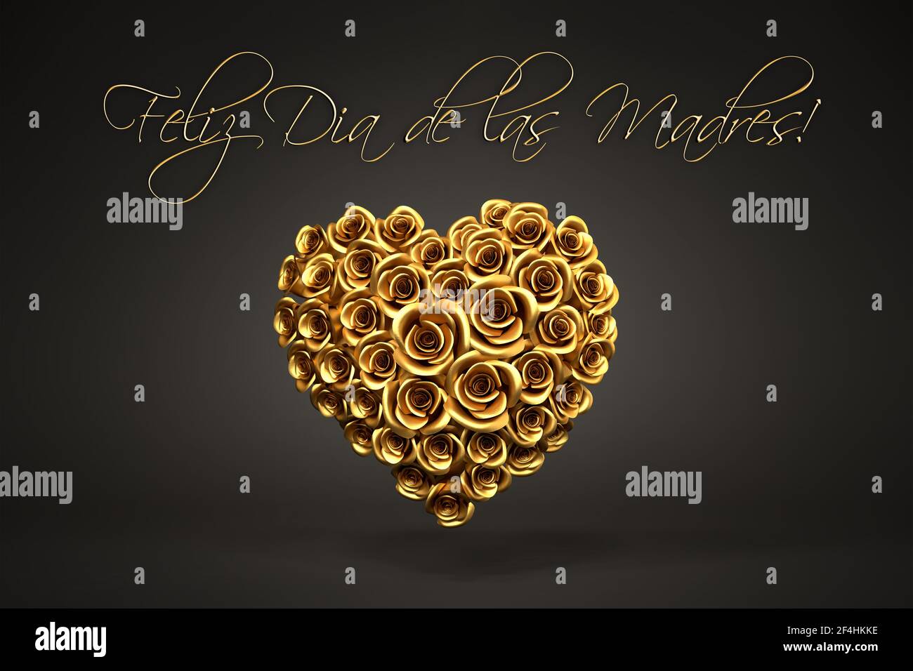 Rendering 3d: Un cuore di rose dorate davanti a uno sfondo nero e il messaggio spagnolo 'Feliz dia de las Madres' ('Happy Mother's Day') in cima. Foto Stock