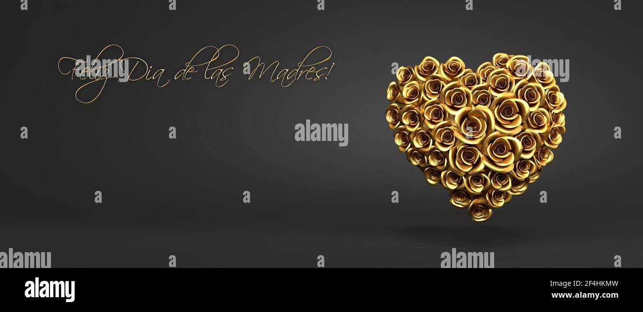 Rendering 3d: Un cuore di rose dorate davanti a uno sfondo nero e il messaggio spagnolo 'Feliz dia de las Madres' ('Happy Mother's Day'). Web BAN Foto Stock