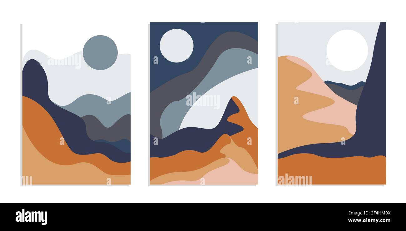 Deserto astratto boho paesaggio con sole e luna. Vettore astratto sfondo estetico contemporaneo nei toni della Terra. Set di poster. Illustrazione Vettoriale