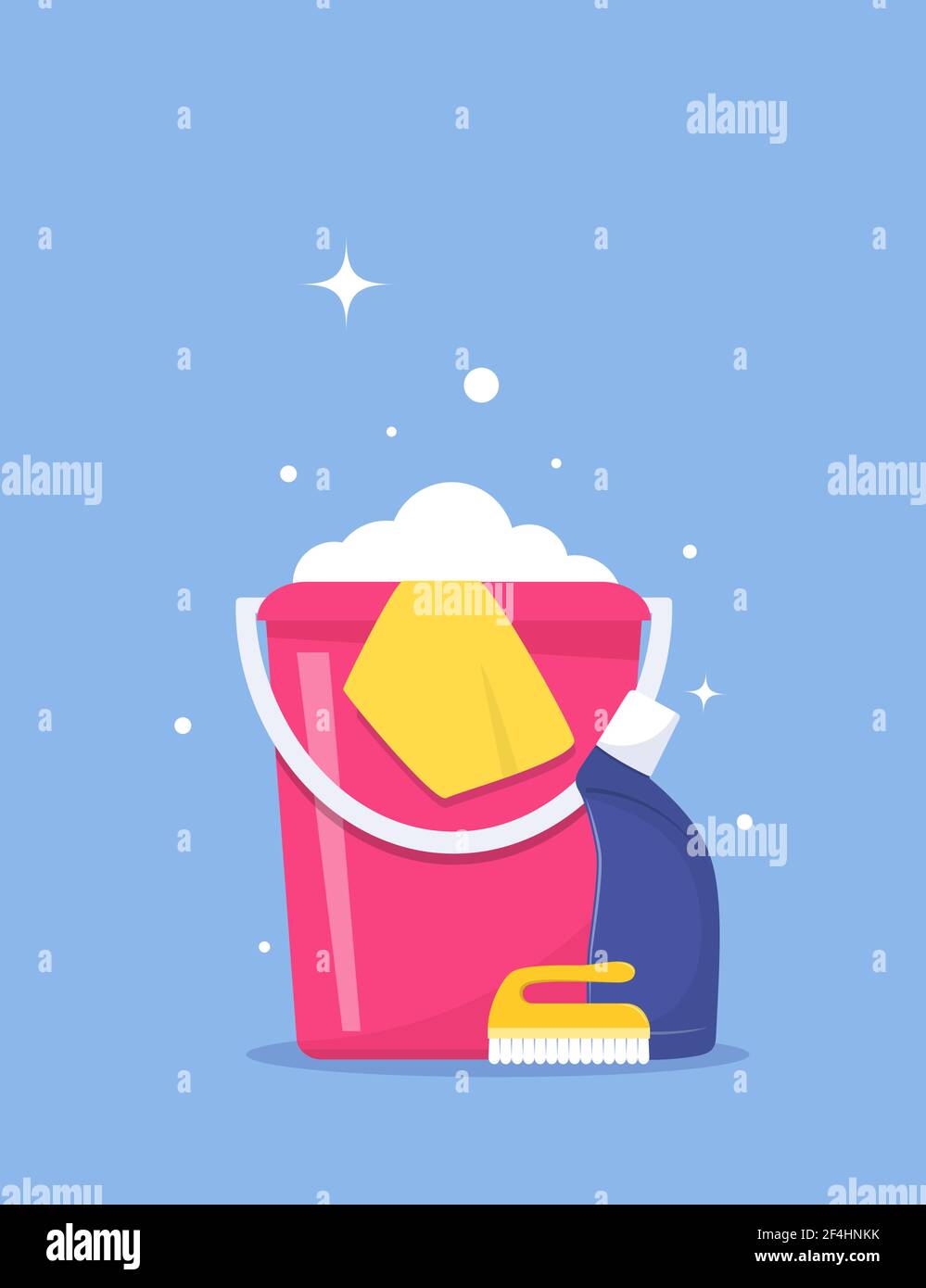 Servizio di pulizia e forniture per la casa. Concetto di design per banner Web, infografica, poster. Prodotti detergenti e disinfettanti con secchio, detergente Illustrazione Vettoriale