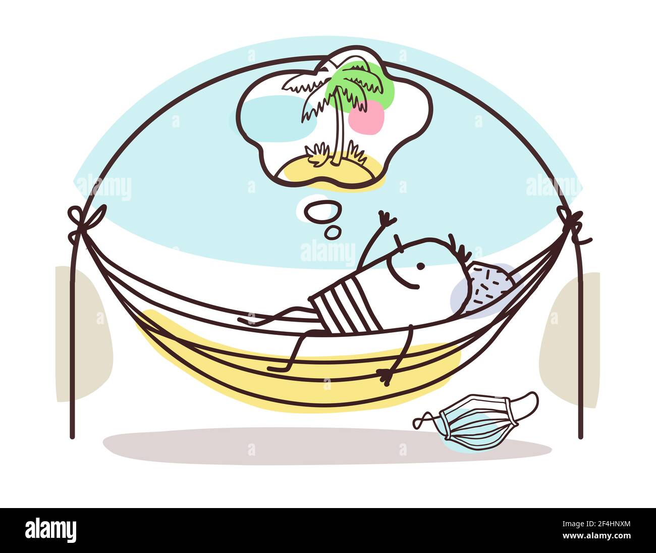 Un uomo di cartoon disegnato a mano in un amaca, contenuto a casa, sognando un'isola esotica Illustrazione Vettoriale