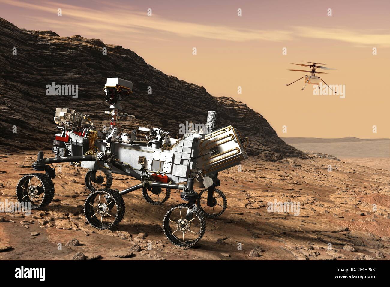 Mars Rover perseveranza atterrato e ingegno drone elementi di questo Immagine fornita dall'illustrazione 3D della NASA Foto Stock