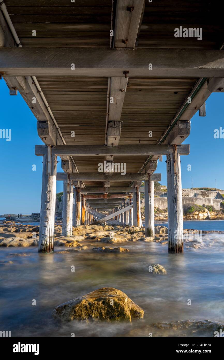 Acqua a lunga esposizione sotto un ponte a Maroubra, Sydney, Australia Foto Stock