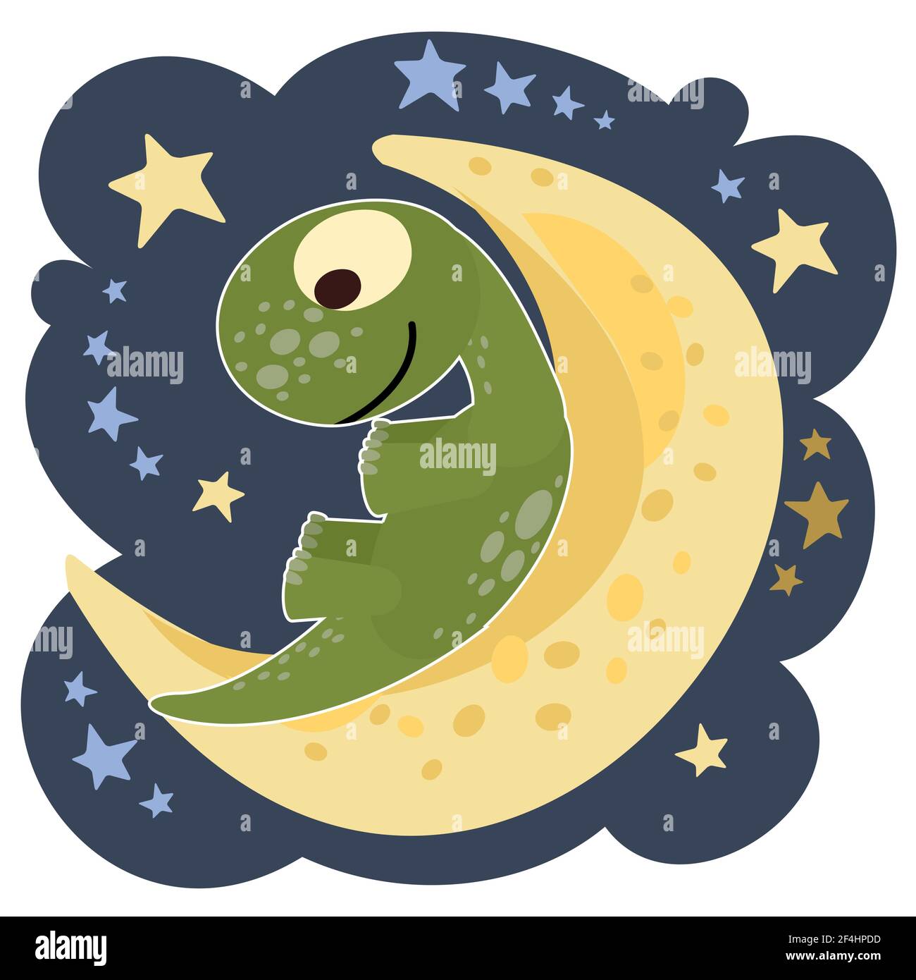 Il piccolo cucciolo di dinosauro si siede sulla luna. Cielo stellato notte isolato oggetto su sfondo bianco. Allegro tipo animale dino bambino. Cartoni animati stile piatto Illustrazione Vettoriale