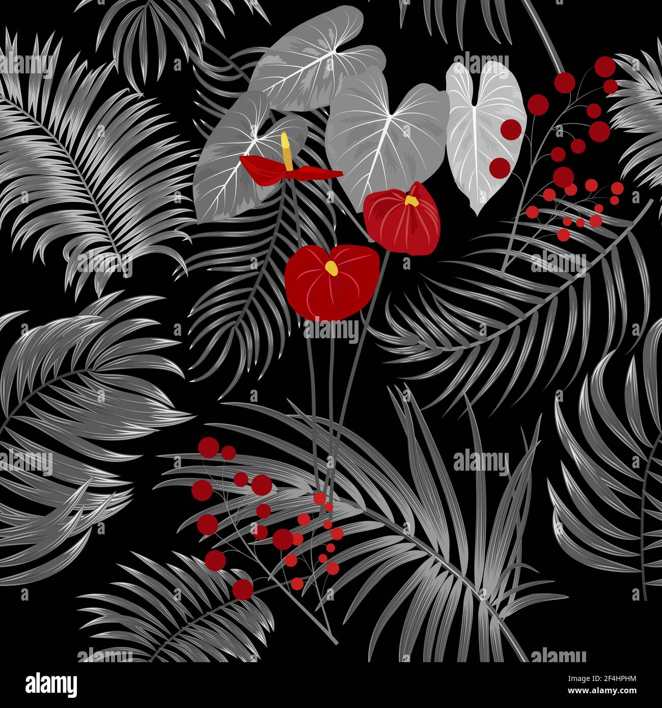 Vettore tropicale modello senza giunture con foglie di palma e fiori. Sfondo scuro botanica, carta da parati giungla. Illustrazione Vettoriale