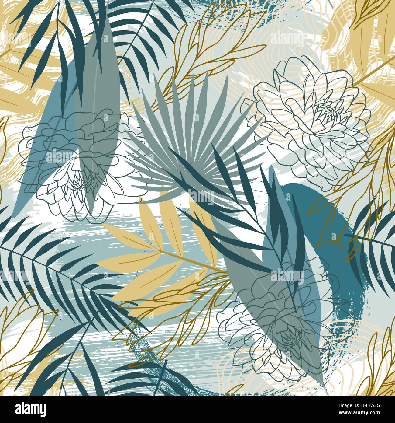 Moderno motivo senza giunture con foglie di piante tropicali. Disegno astratto. Illustrazione vettoriale... Doodle Illustrazione Vettoriale