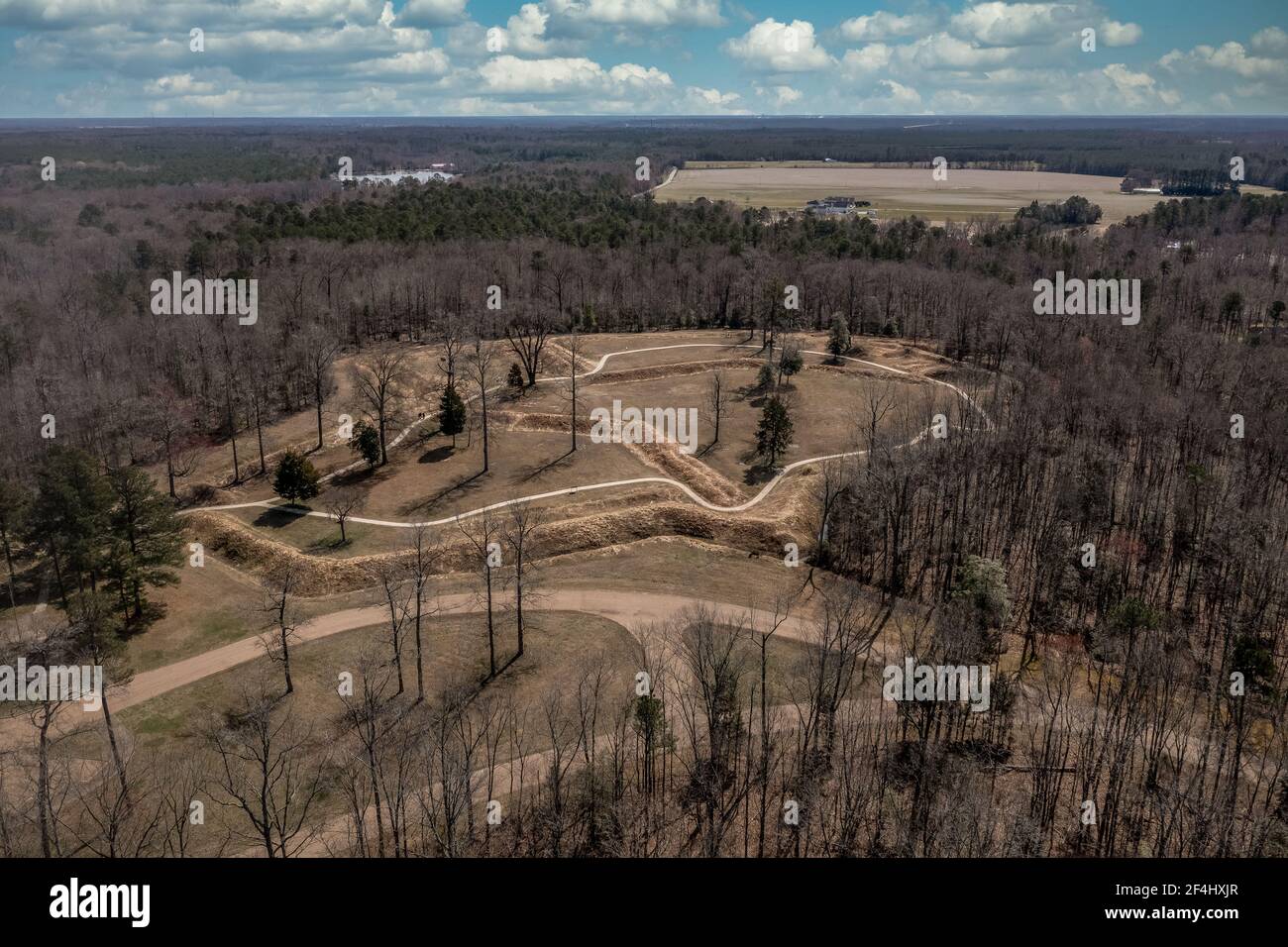 Vista in prospettiva aerea dei lavori di terra di Fort Harrison la linea di difesa di Richmond Virginia proteggeva la città confederata dalle forze dell'Unione, guerra civile b Foto Stock