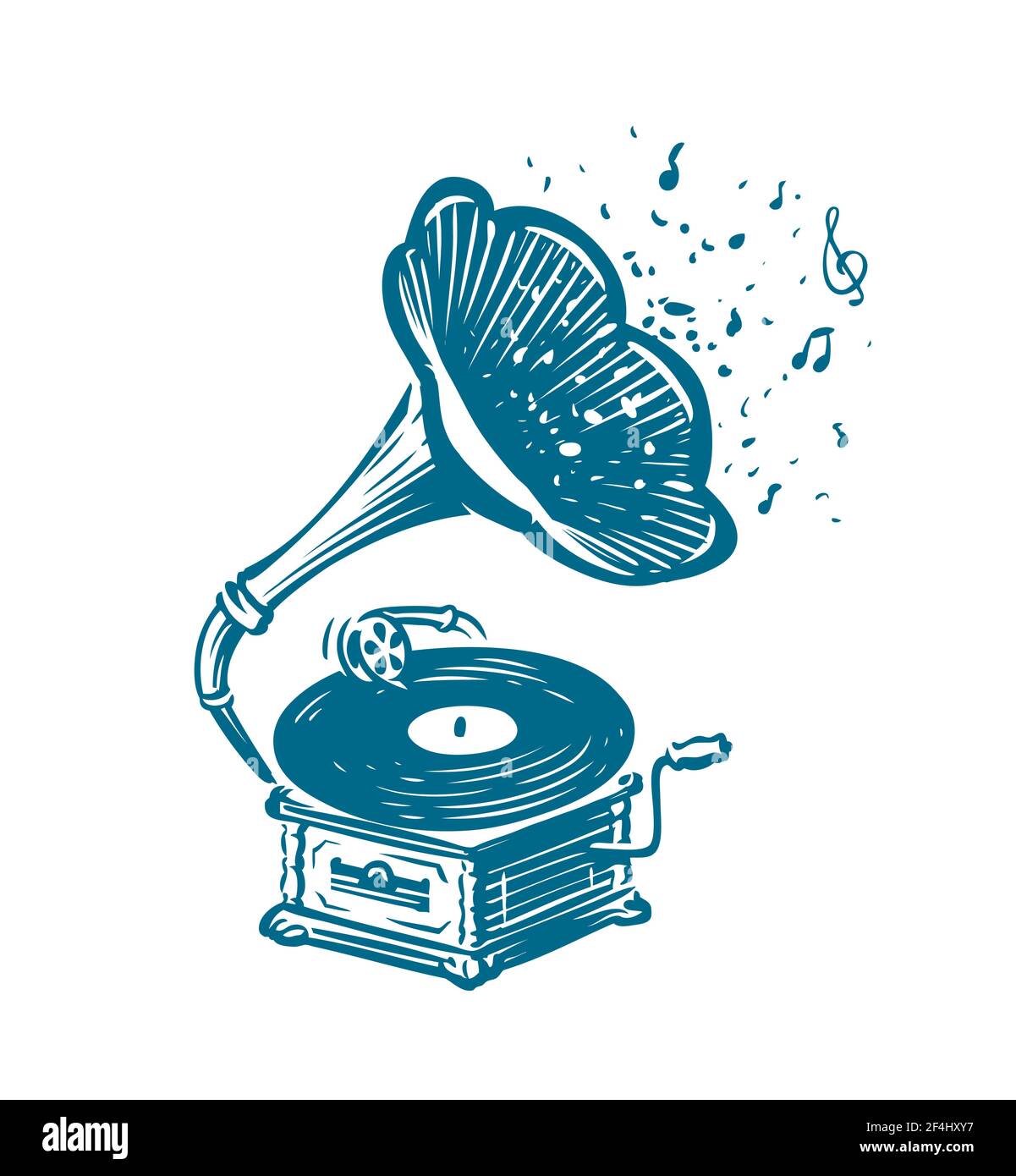 Gramofono musicale retrò. Fonografo vintage disegnato. Concetto musicale Illustrazione Vettoriale