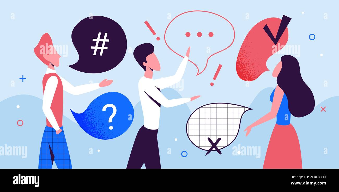 Persone con dialogo bolle conversazione, messaggi comunicazione concetto con uomo donna Illustrazione Vettoriale