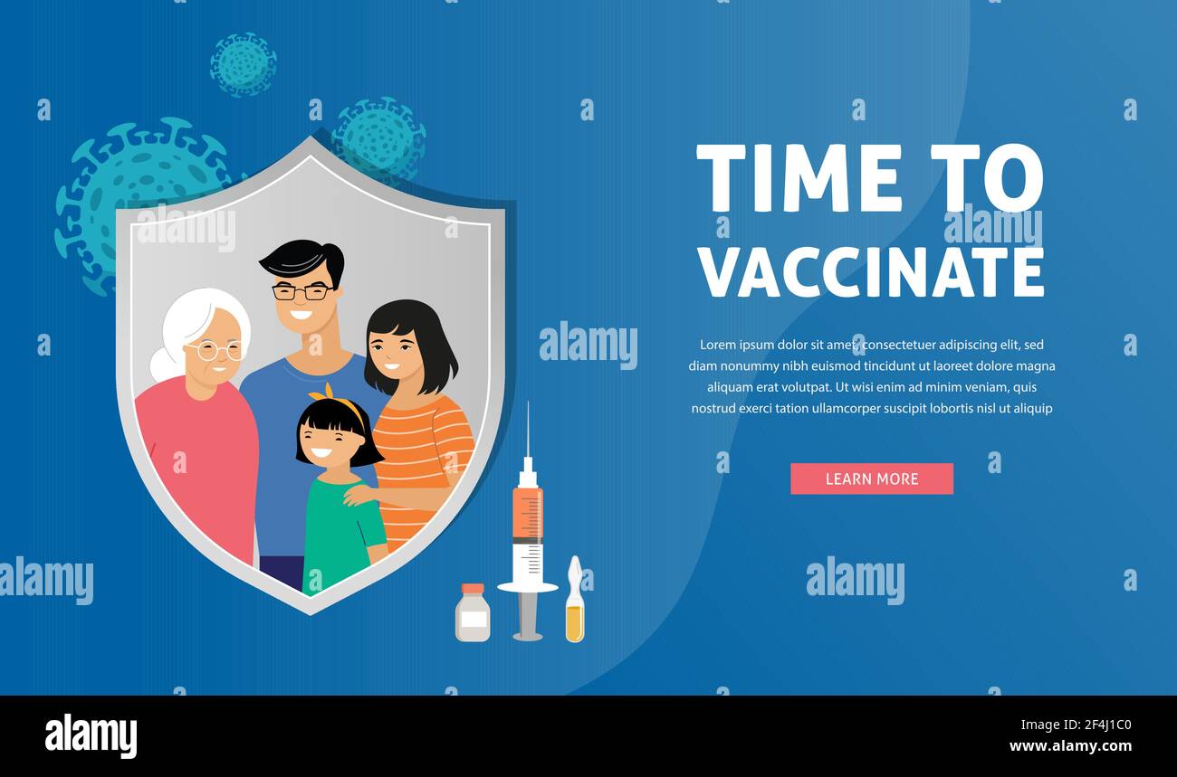 Concetto di vaccinazione della famiglia asiatica. Banner Time to vaccinate - siringa con vaccino per COVID-19, influenza o influenza e una famiglia Illustrazione Vettoriale