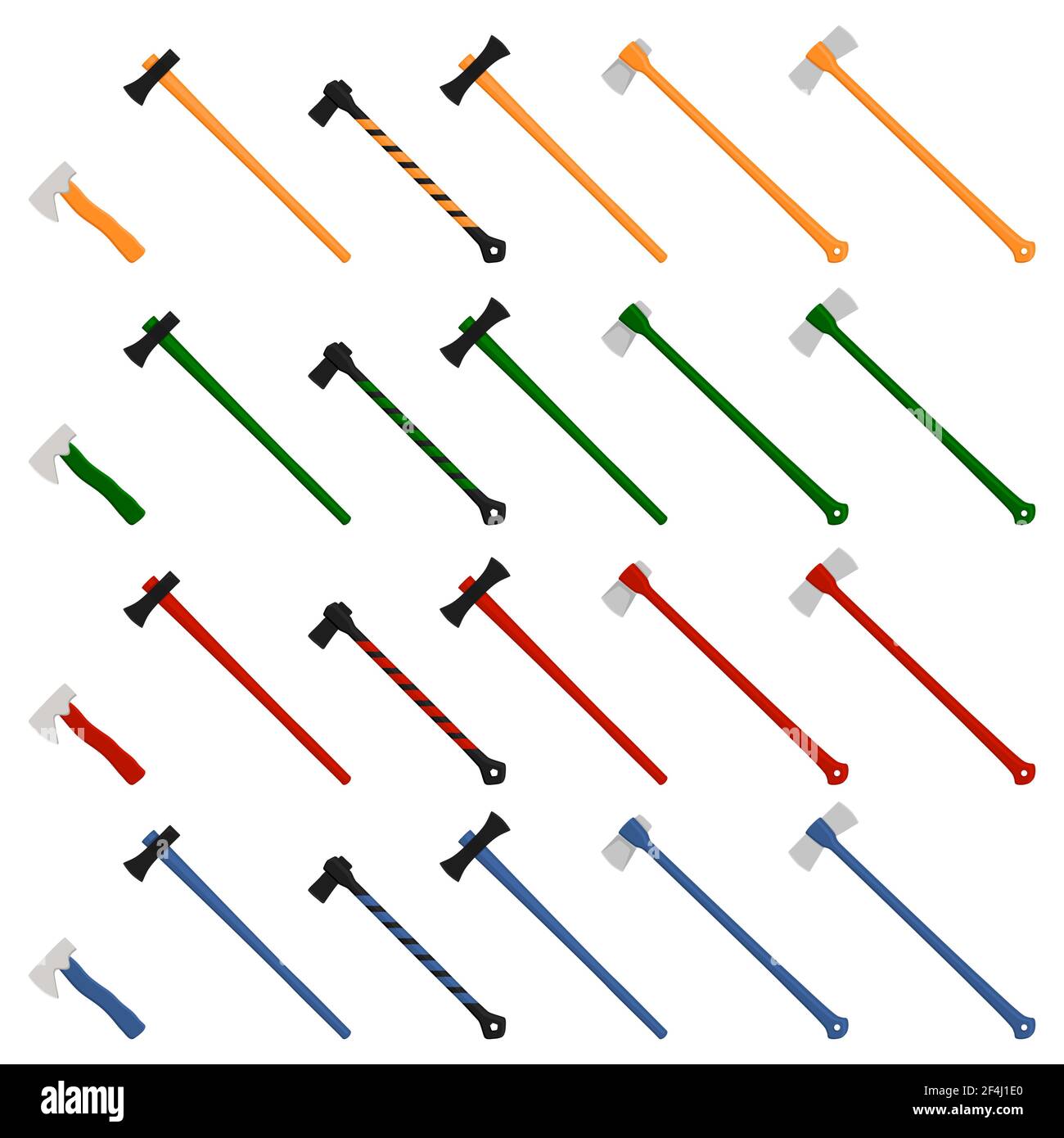 Illustrazione sul tema grandi assi in acciaio kit con manico in legno, ascia in metallo per caccia. Il pattern AX è composto da molti assi diversi su sfondo bianco. F Illustrazione Vettoriale