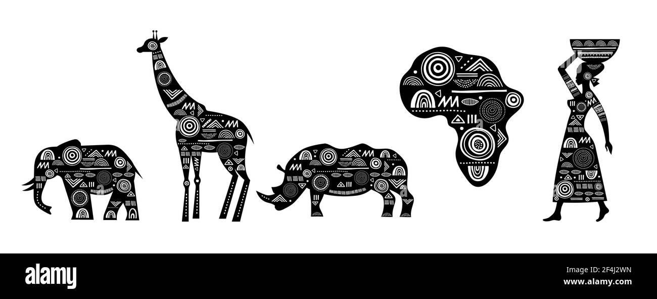 Banner Africa con elementi - giraffe modellate, elefante, mappa africana, corno di rhino e donna, bandiera tribale nera e bianca Illustrazione Vettoriale