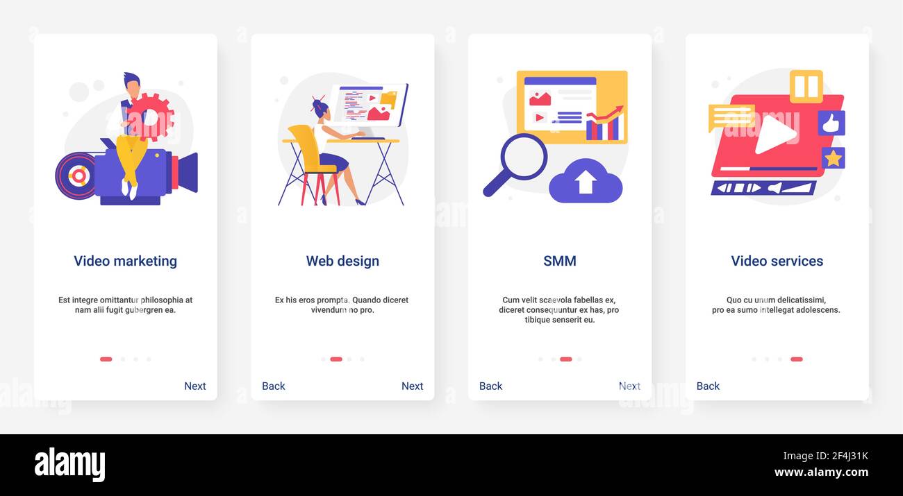 Video marketing digitale, interfaccia utente servizio Web SMM, impostazione pagina app mobile onboarding UX Illustrazione Vettoriale
