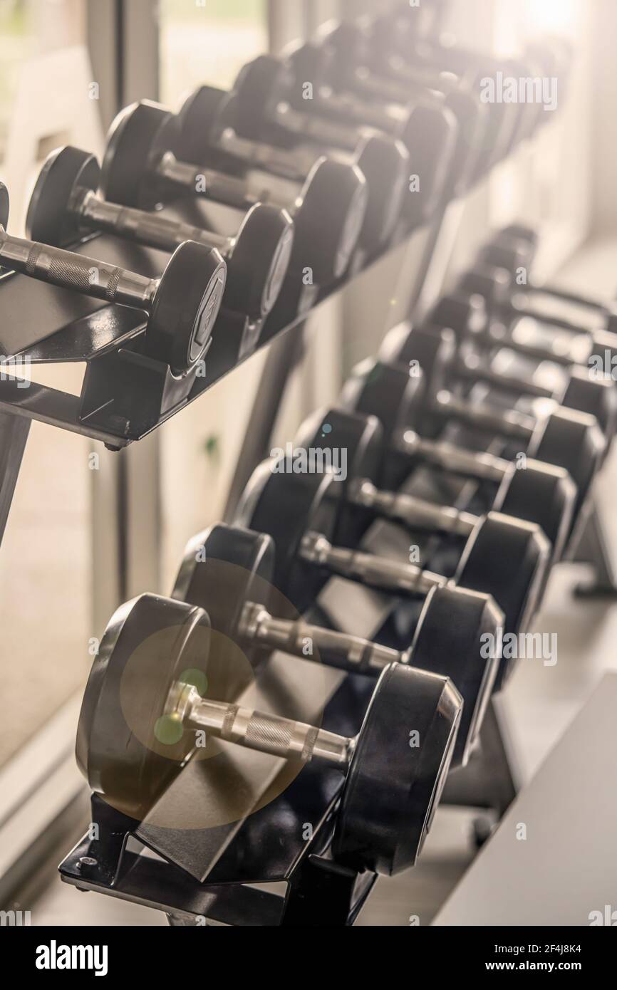 i manubri neri sono accatastati in file sul banco in palestra. Foto verticale. Foto Stock