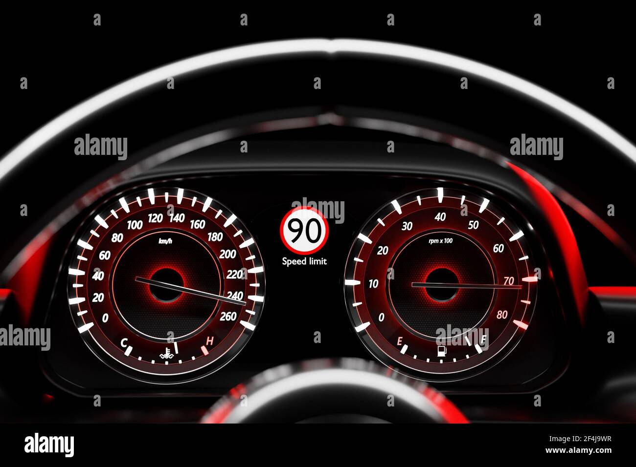Illustrazione 3D primo piano pannello auto nero, tachimetro luminoso digitale in stile sportivo. L'ago del tachimetro indica una velocità massima di 220 km / h. Foto Stock