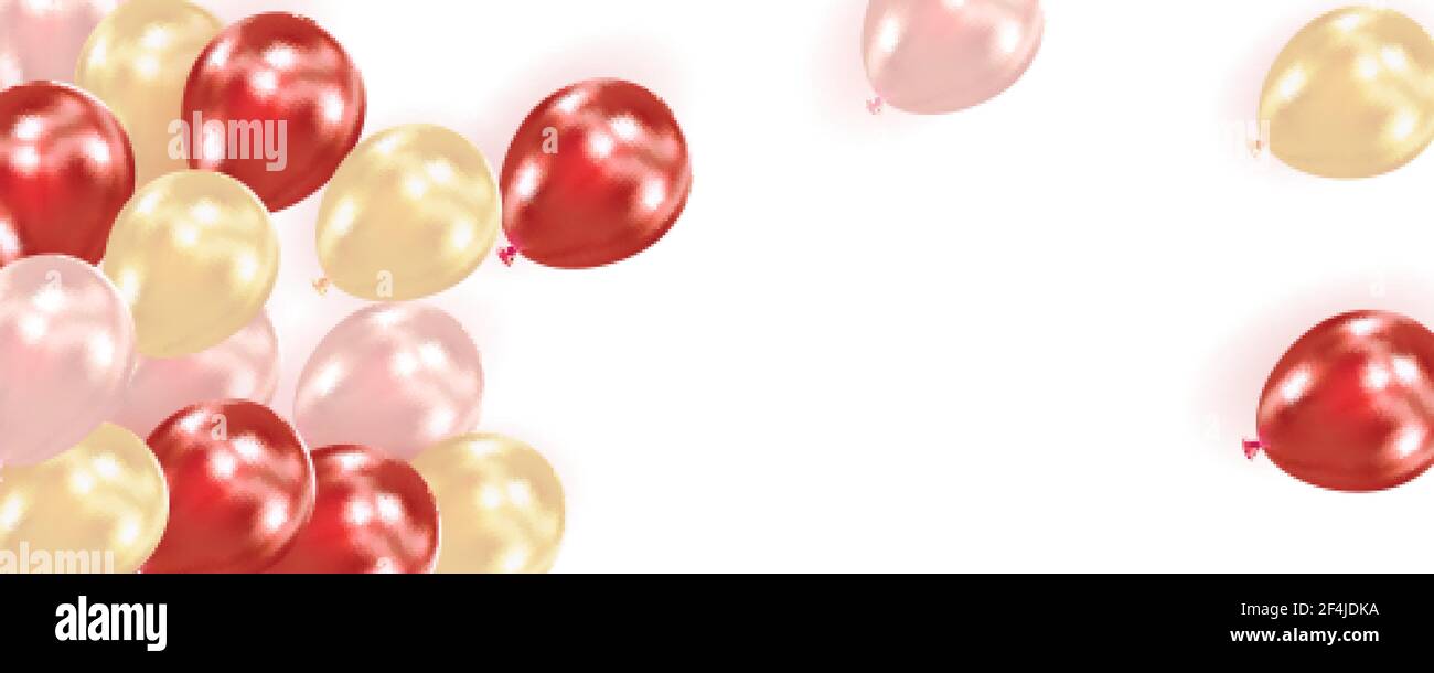 Sfondo festoso con aerostati volanti realistici. Composizione da palline in oro lucido, rosso, rosa con spazio per il testo. Illustrazione vettoriale Illustrazione Vettoriale