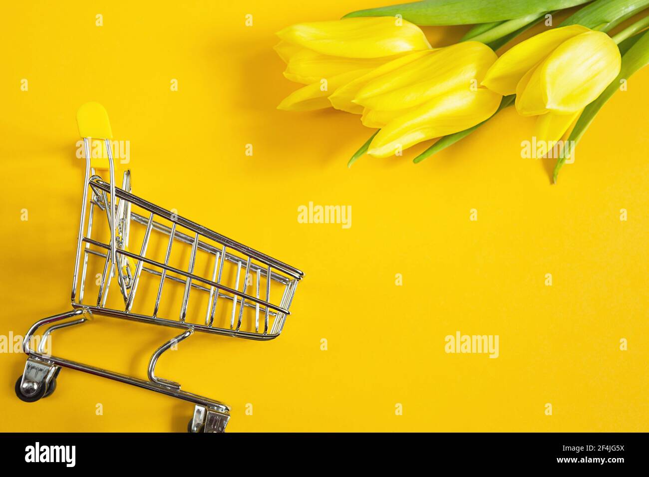 Tulipani gialli su sfondo a tinta unita e carrello. Shopping online in primavera ed estate, acquisto di regali per le vacanze, Pasqua, Festa della donna, Foto Stock