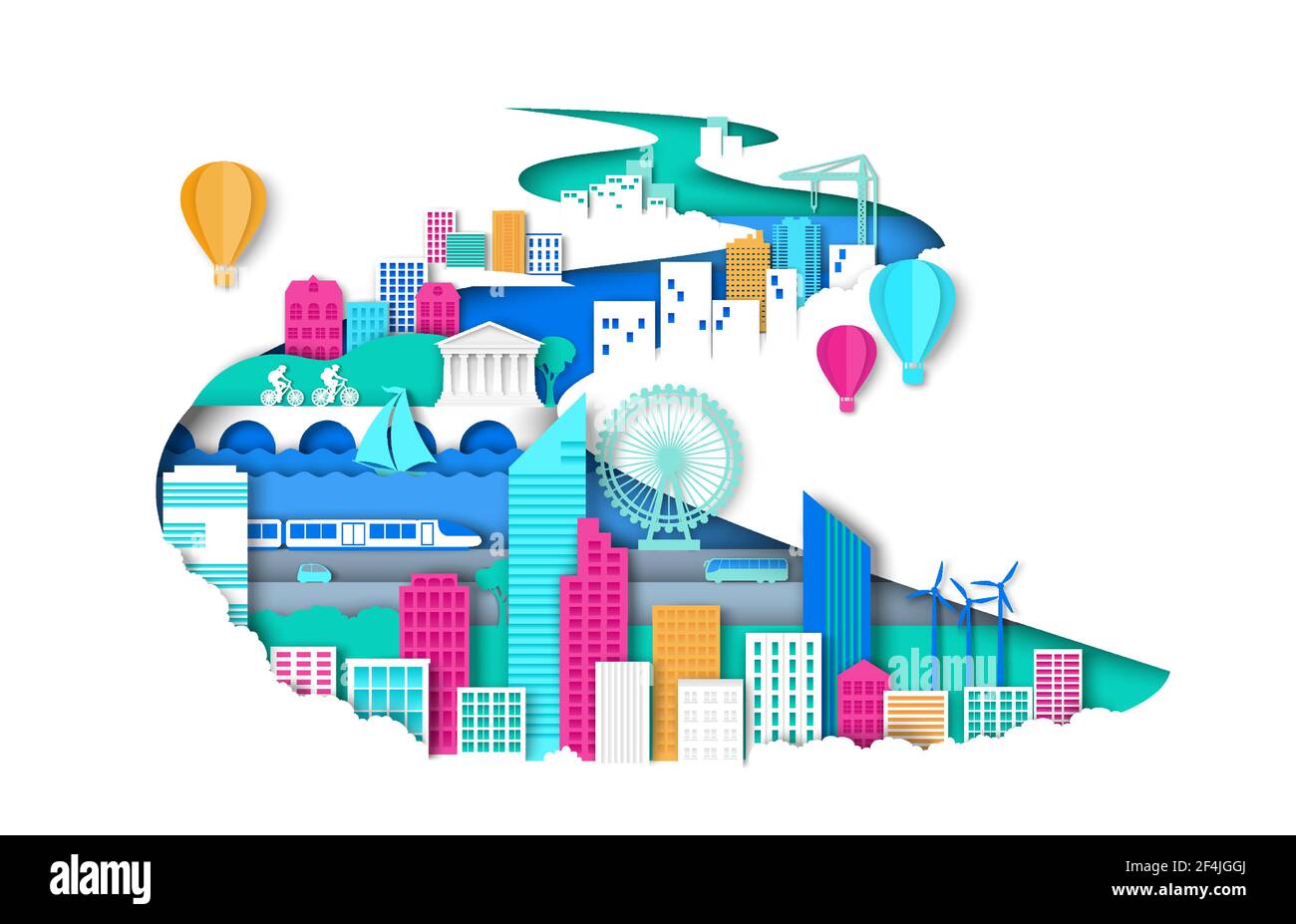 Modi di sviluppo urbano moderno eco-friendly illustrazione del concetto vettoriale in stile arte della carta. Illustrazione Vettoriale