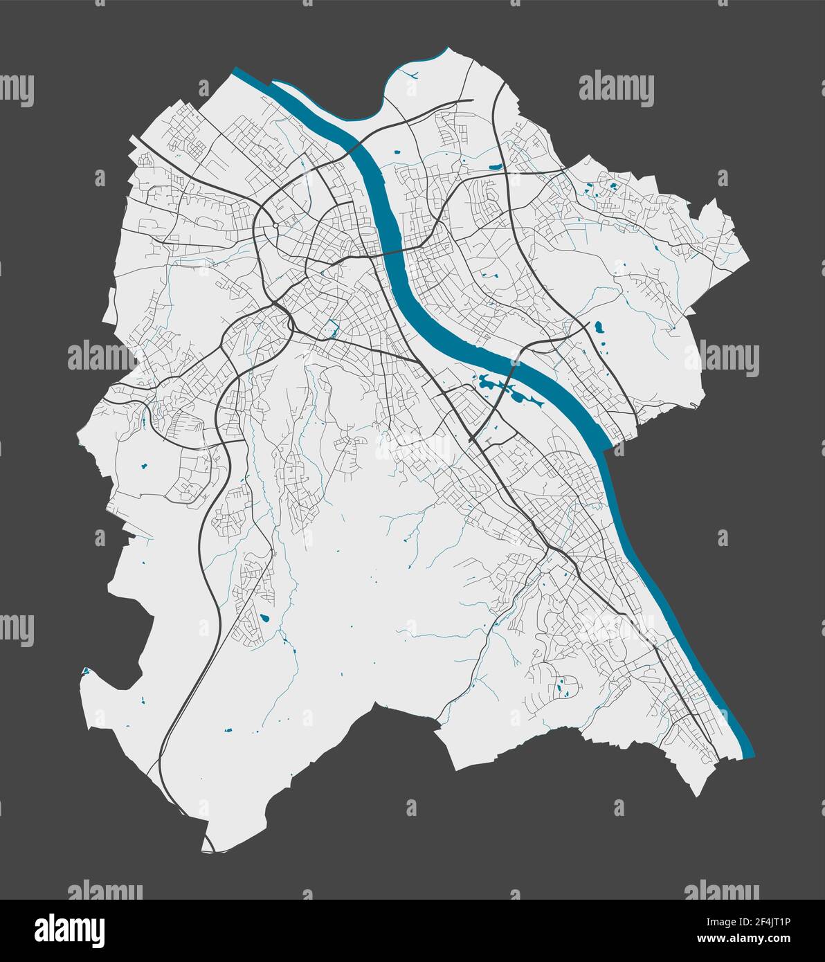 Mappa di Bonn. Mappa dettagliata dell'area amministrativa della città di Bonn. Panorama cittadino. Illustrazione vettoriale priva di royalty. Mappa con autostrade, strade, riv Illustrazione Vettoriale