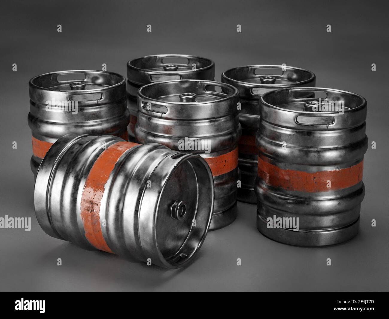 Mazzo di barili di birra sparati su sfondo grigio scuro Foto Stock