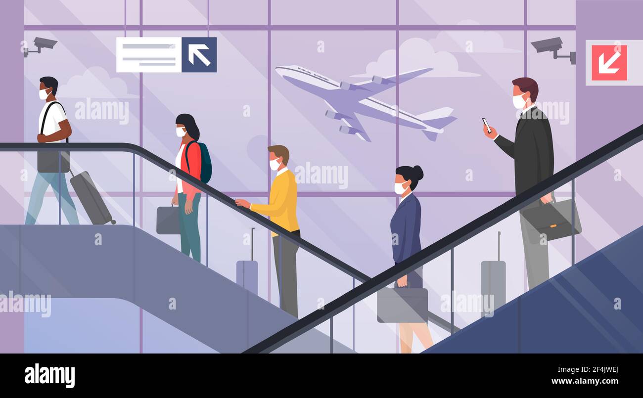 I viaggiatori che indossano maschere all'aeroporto, viaggiano durante la pandemia del coronavirus: Prevenzione covid-19 e nuovo concetto normale Illustrazione Vettoriale